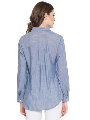 roll up sleeved contrast lace denim shirt - 16548936 - Standard Image - 3