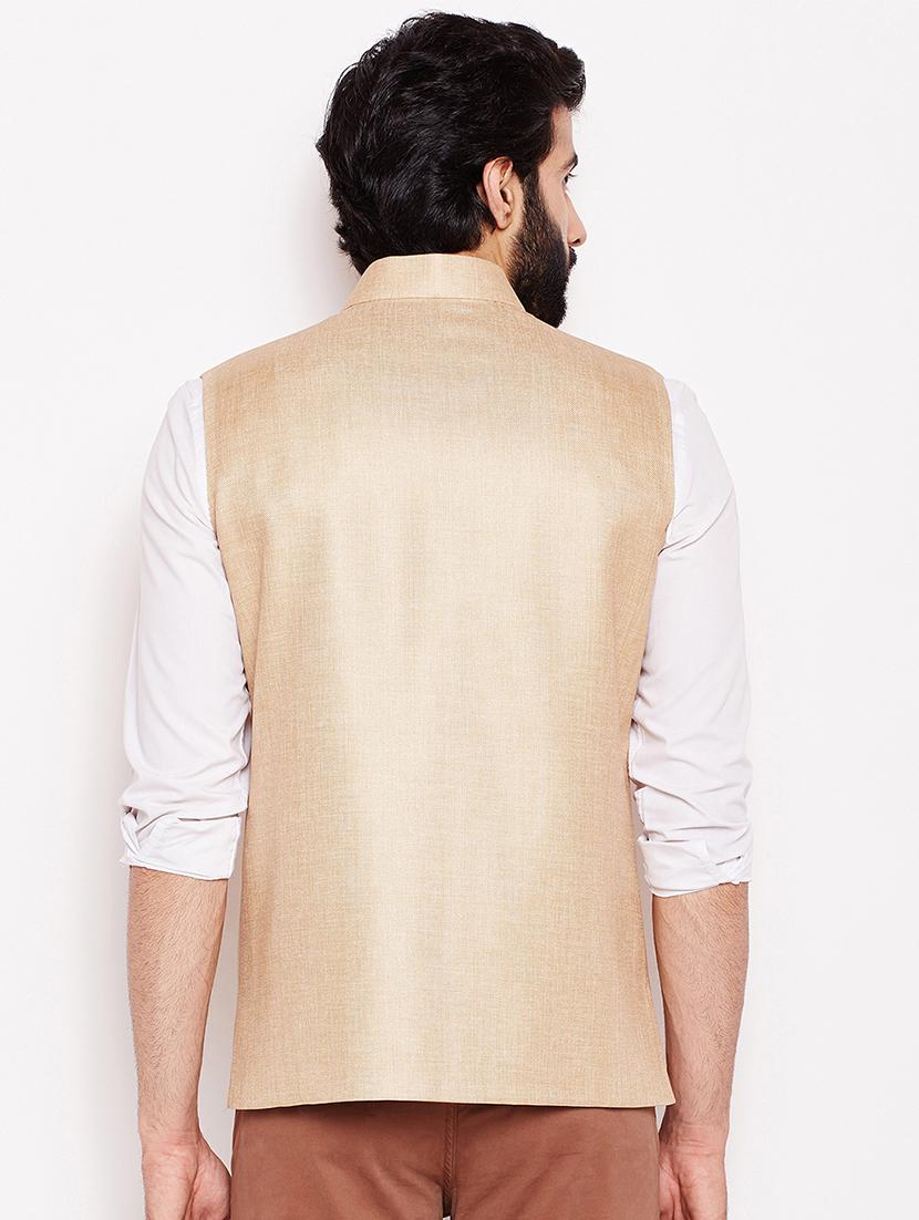 beige silk solid nehru jacket - 16550834 - Zoom Image - 3
