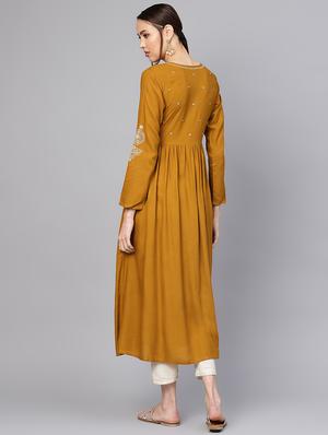 mustard embroidered front slit a-line kurta - 16552106 - Standard Image - 3