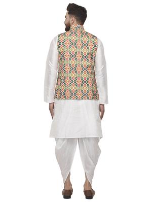 white solid dhoti kurta set with green printed nehru jacket - 16553538 - Standard Image - 3