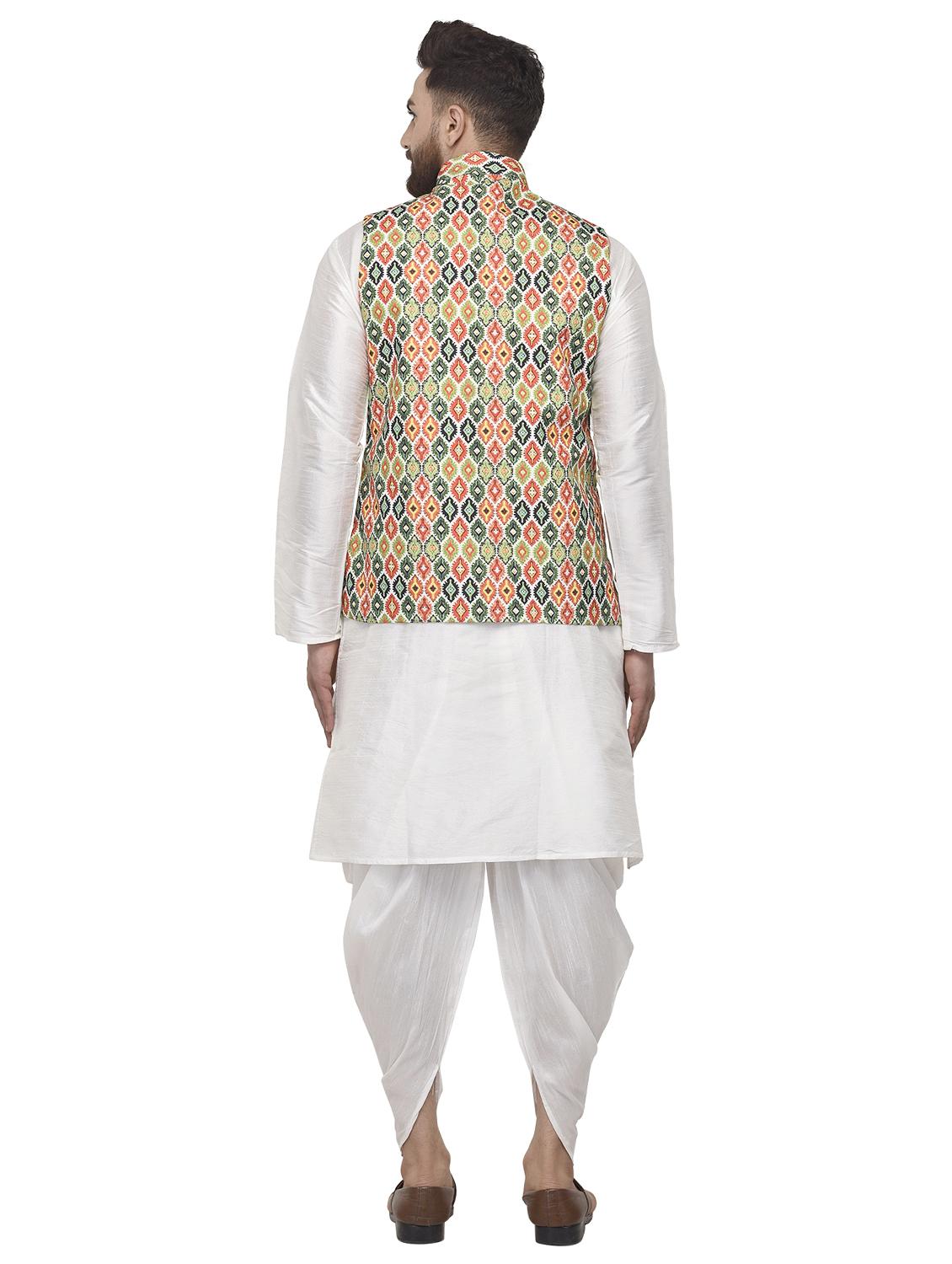 white solid dhoti kurta set with green printed nehru jacket - 16553538 - Zoom Image - 3