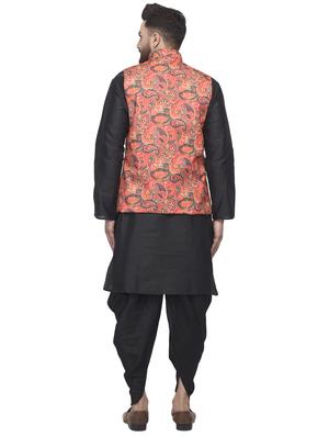 black solid dhoti kurta set with orange printed nehru jacket - 16553562 - Standard Image - 3