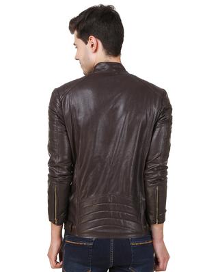 brown solid faux leather biker jacket - 16561927 - Standard Image - 3