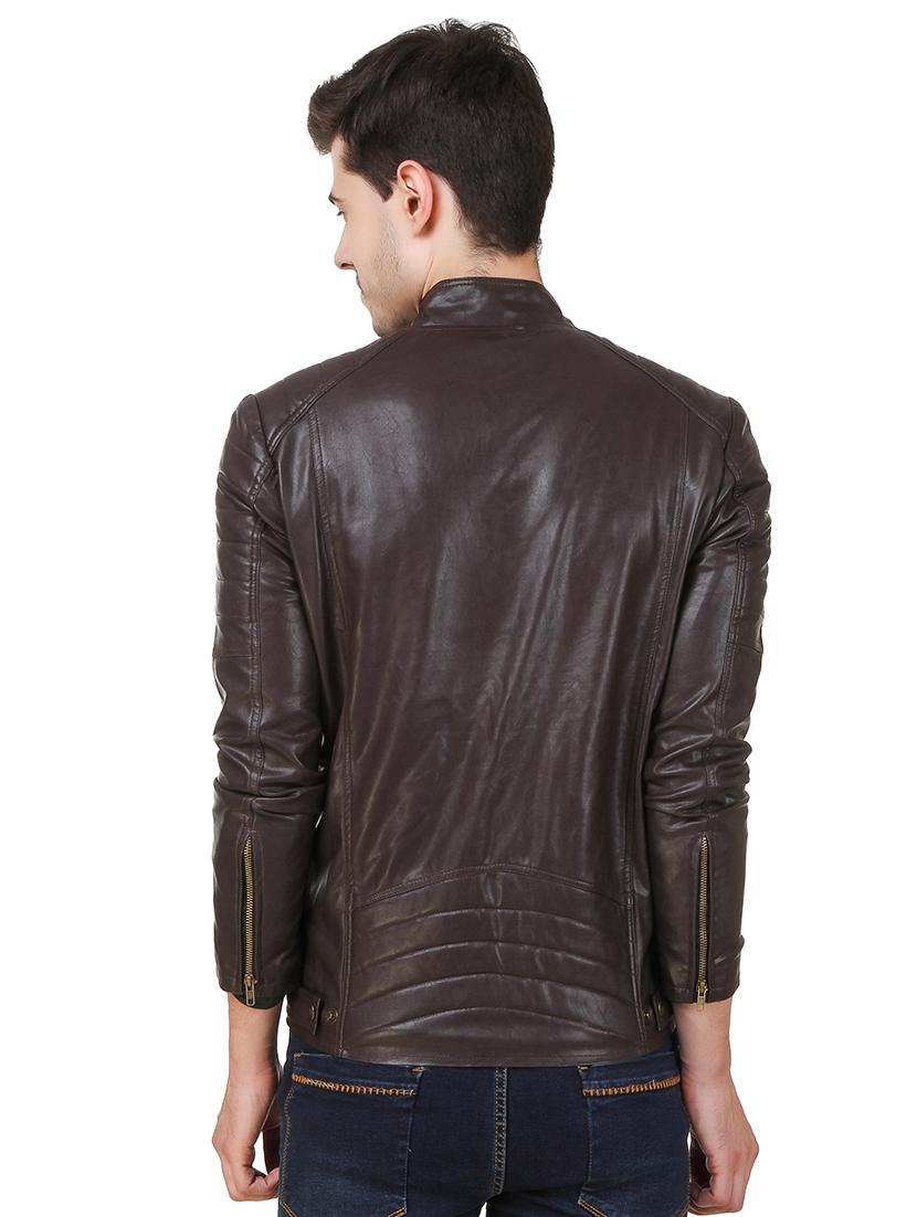 brown solid faux leather biker jacket - 16561927 - Zoom Image - 3