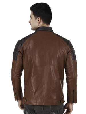 brown color block biker jacket - 16561935 - Standard Image - 3