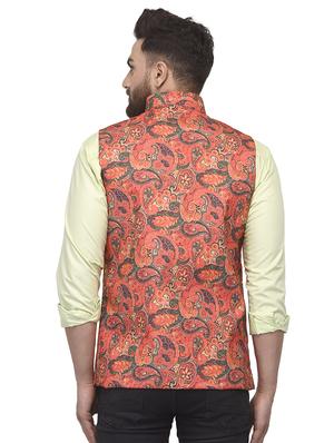 orange paisley printed nehru jacket - 16566707 - Standard Image - 3