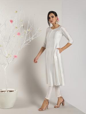 piping detailed silk flared kurta - 16568793 - Standard Image - 3