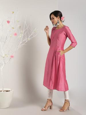 piping detailed silk flared kurta - 16568794 - Standard Image - 3