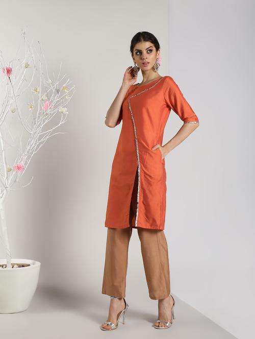 solid silk high slit kurta - 16568797 - Standard Image - 1