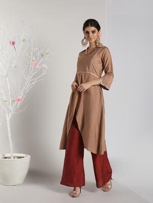 solid silk high slit kurta - 16568799 - Standard Image - 3