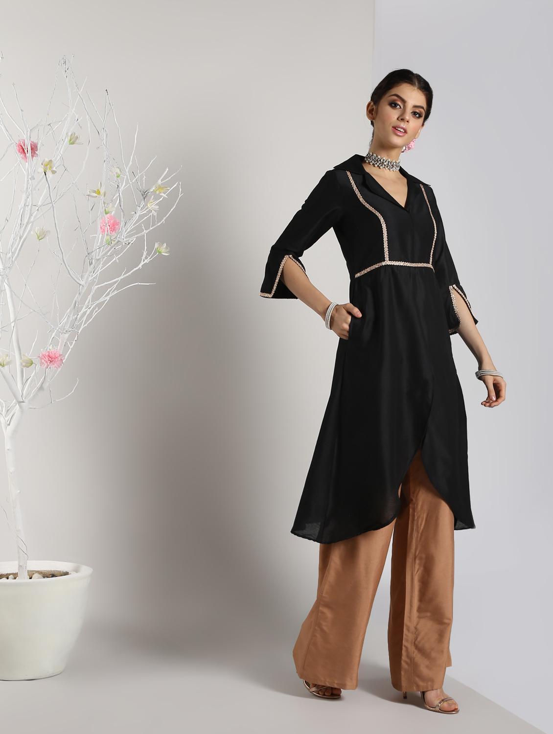 solid silk high slit kurta - 16568800 - Zoom Image - 3