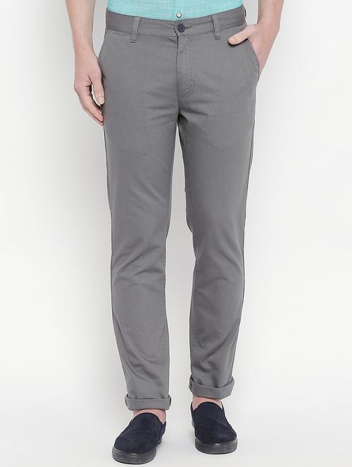 grey solid flat front casual trouser - 16585420 - Standard Image - 1