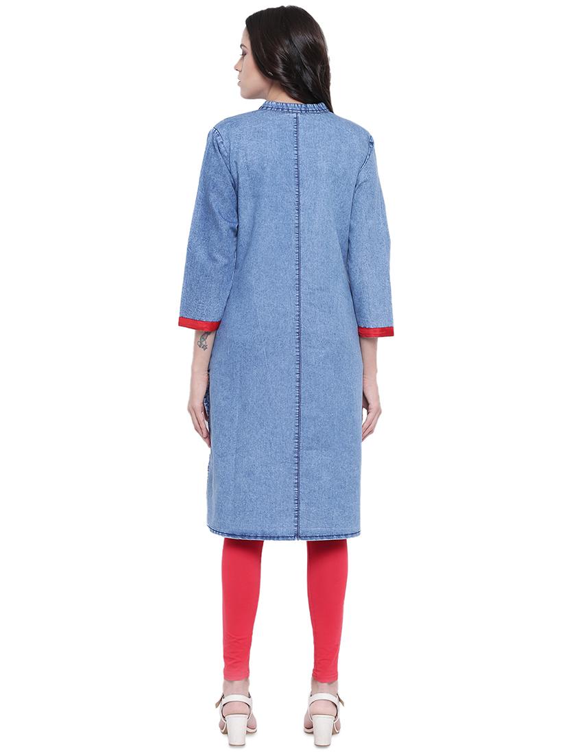 denim straight kurta - 16586022 - Zoom Image - 3