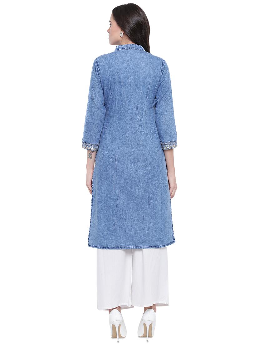 denim straight kurta - 16586025 - Zoom Image - 3