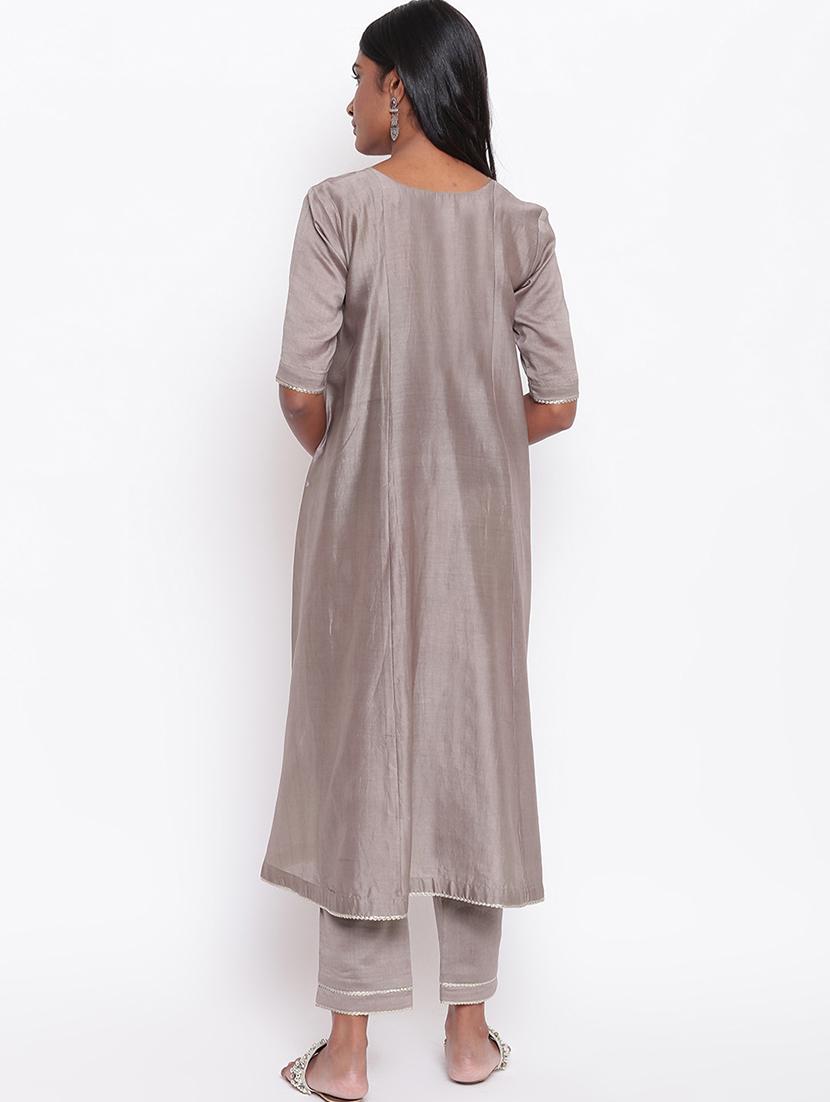 solid chanderi flared kurta - 16589570 - Zoom Image - 3