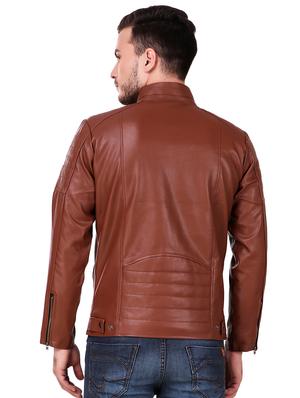brown solid faux leather biker jacket - 16595569 - Standard Image - 3