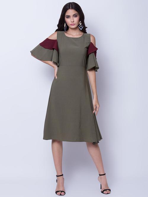 contrast detail bell sleeved a-line dress - 16596582 - Standard Image - 1