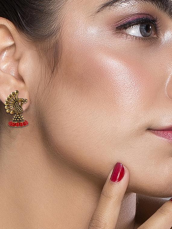 red metal jhumka earring - 16596831 - Zoom Image - 3
