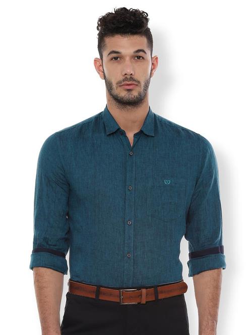 blue linen solid casual shirt - 16598058 - Standard Image - 1