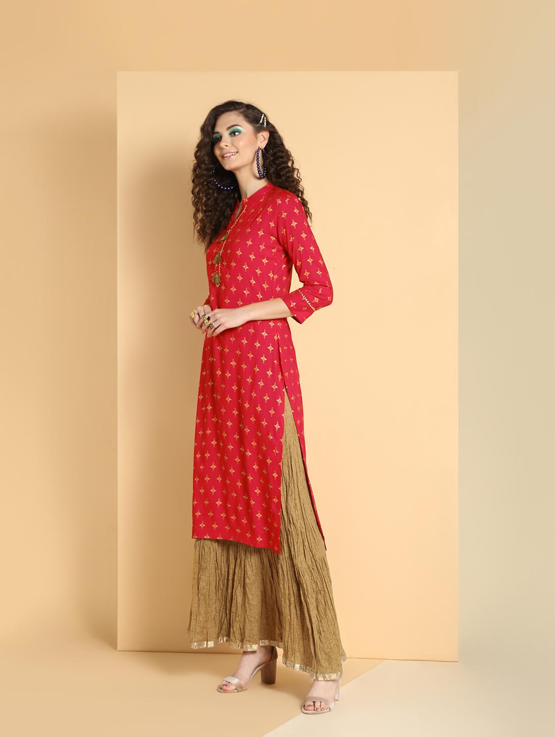 gold print kurta skirt set - 16598540 - Zoom Image - 3