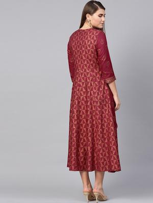 gold print layered ethnic dress - 16599583 - Standard Image - 3