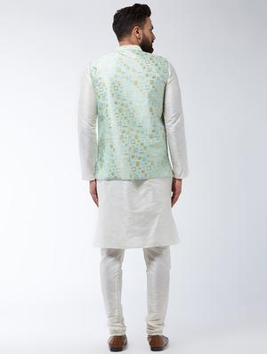 white solid kurta pyjama set with nehru jacket - 16599716 - Standard Image - 3