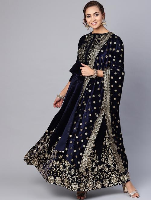 velvet jacquard kalidar lehenga choli dupatta set - 16599902 - Very Small Image - 1