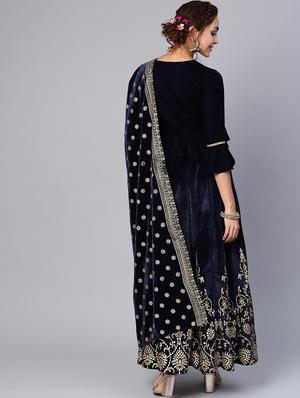 velvet jacquard kalidar lehenga choli dupatta set - 16599902 - Standard Image - 3