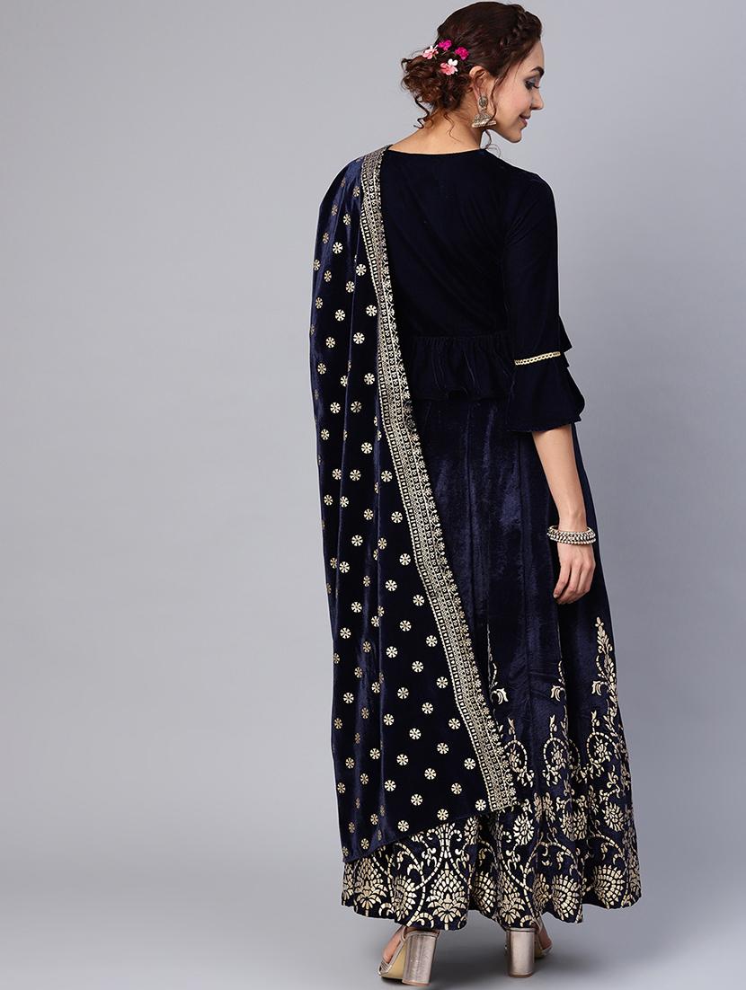 velvet jacquard kalidar lehenga choli dupatta set - 16599902 - Zoom Image - 3