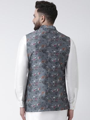 grey floral printed nehru jacket - 16603689 - Standard Image - 3