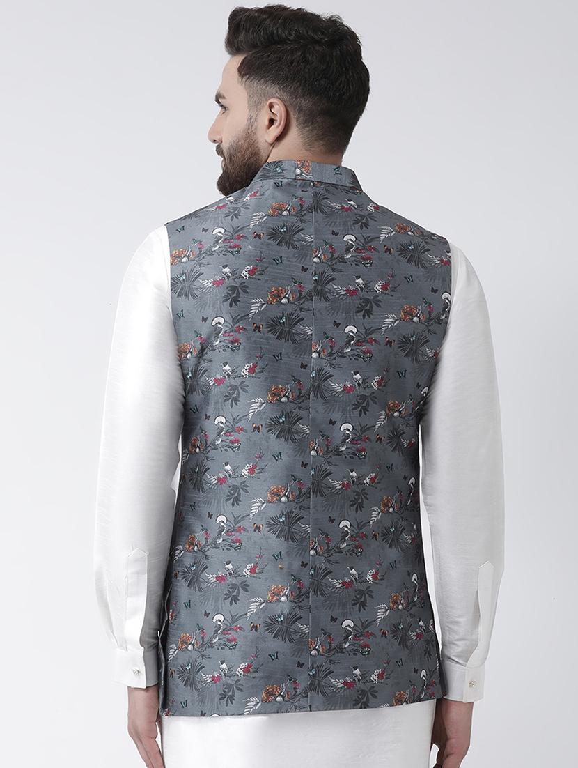 grey floral printed nehru jacket - 16603689 - Zoom Image - 3