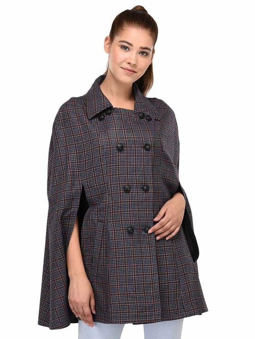 navy houndstooth double breasted wool cape - 16603767 - Standard Image - 1