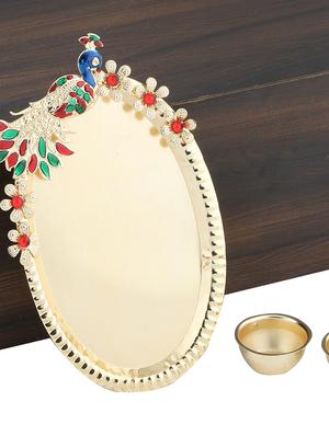 gold plated designer-ethanic peacock design kankavati pooja thali - 16603923 - Standard Image - 3