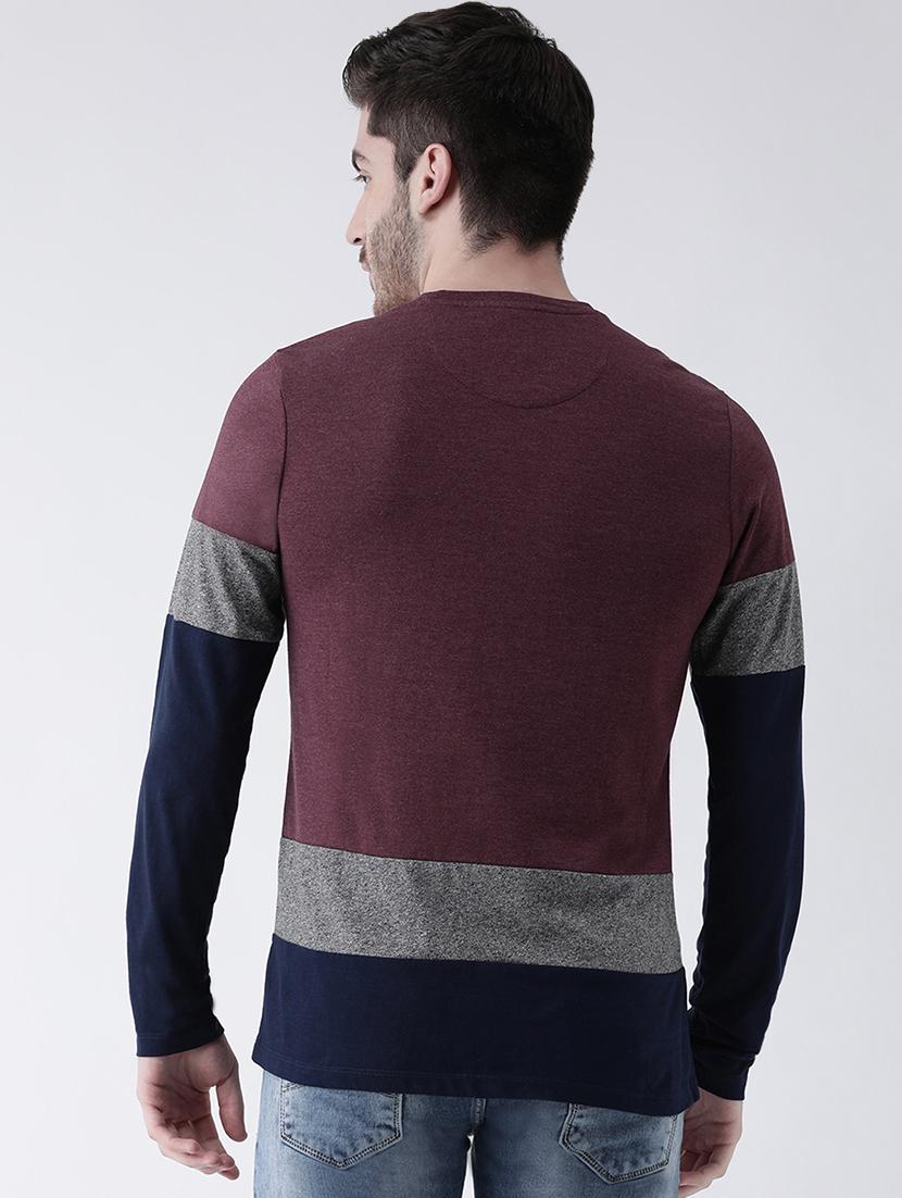 maroon color block cut & sew t-shirt - 16604008 - Zoom Image - 3