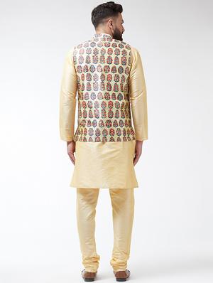 gold solid kurta pyjama set with nehru jacket - 16604058 - Standard Image - 3