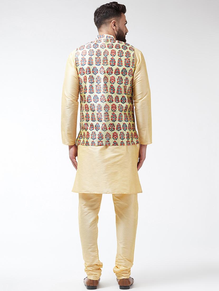 gold solid kurta pyjama set with nehru jacket - 16604058 - Zoom Image - 3