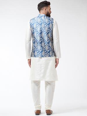white silk blend kurta pyjama set with blue printed nehru jacket - 16604081 - Standard Image - 3