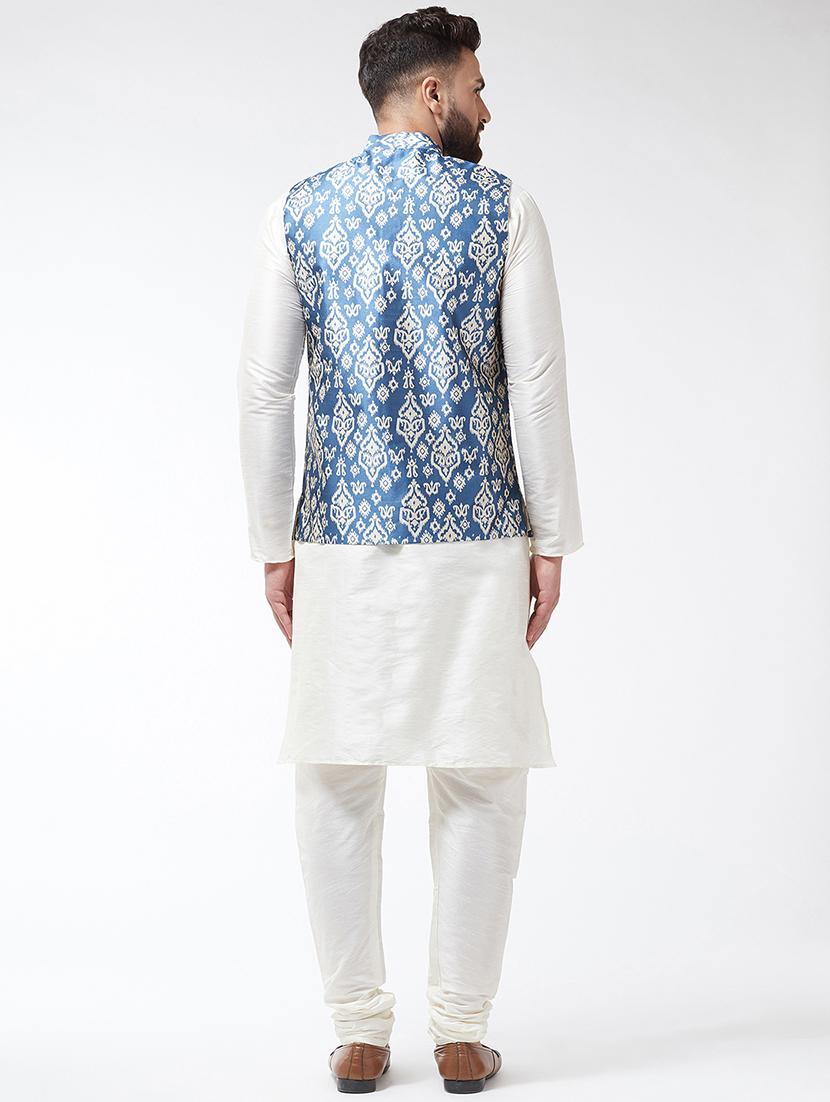 white silk blend kurta pyjama set with blue printed nehru jacket - 16604081 - Zoom Image - 3