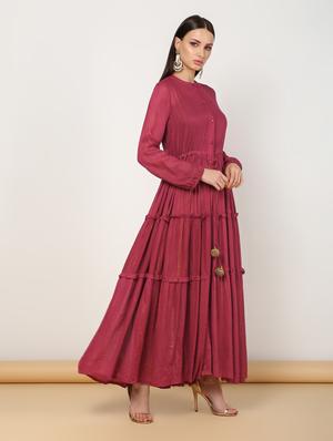 burgundy tiered kurta with bell sleeves - 16612146 - Standard Image - 3