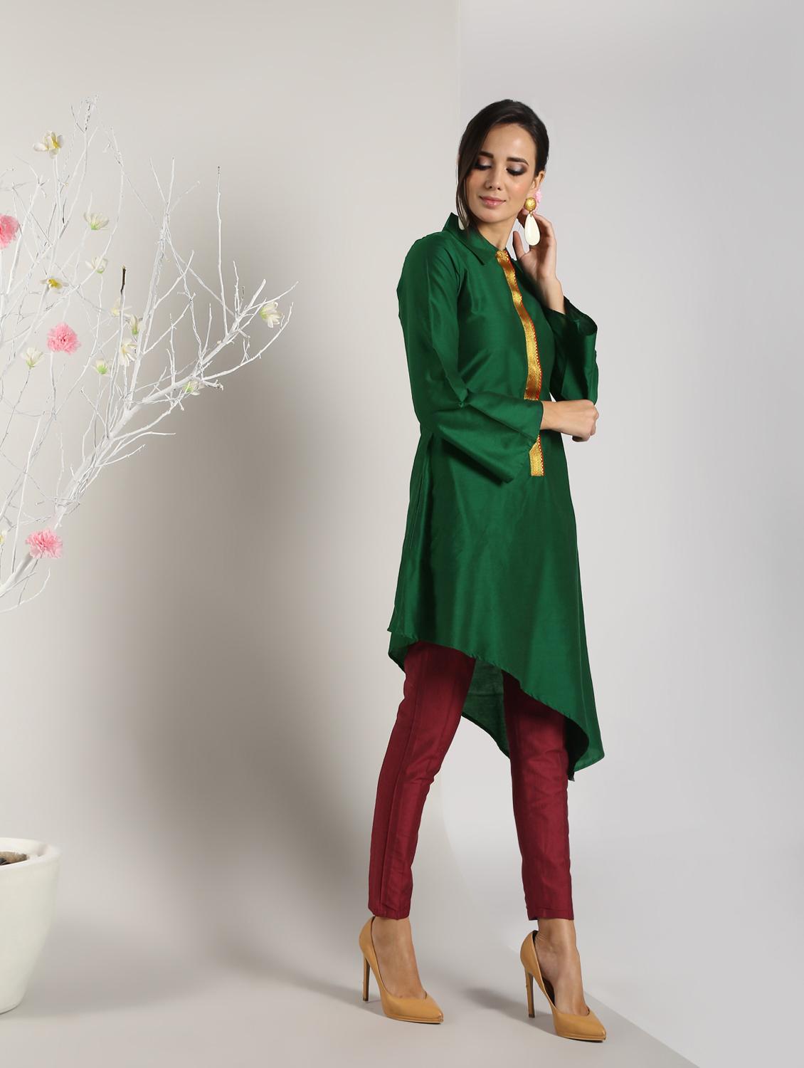 asymmetric solid kurta with pant set - 16619455 - Zoom Image - 3