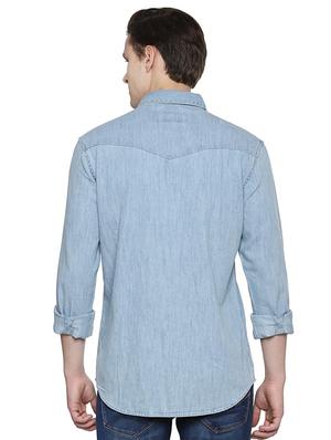 blue solid denim casual shirt - 16632637 - Standard Image - 3