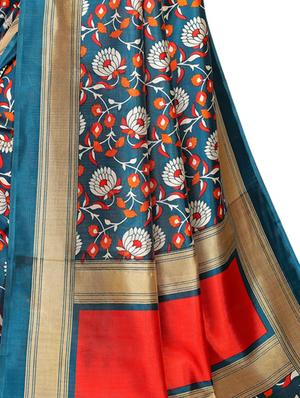 turquoise art silk printed saree with blouse - 16633360 - Standard Image - 3