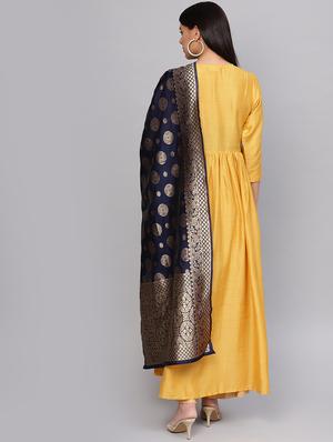 embroidered silk fit & flare kurta with zari work dupatta set - 16634283 - Standard Image - 3