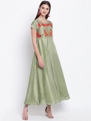 floral embroidered silk fit & flare ethnic dress - 16637168 - Standard Image - 3