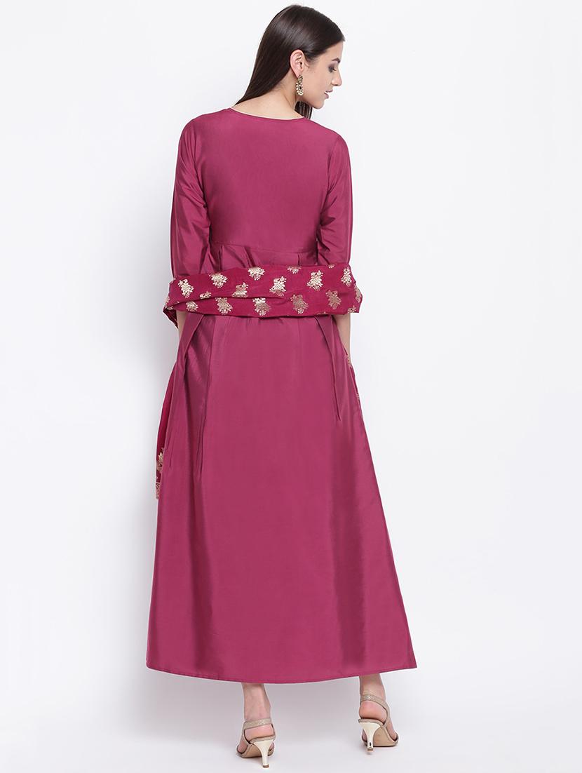 zari work silk fit & flare ethnic dress with dupatta - 16637172 - Zoom Image - 3