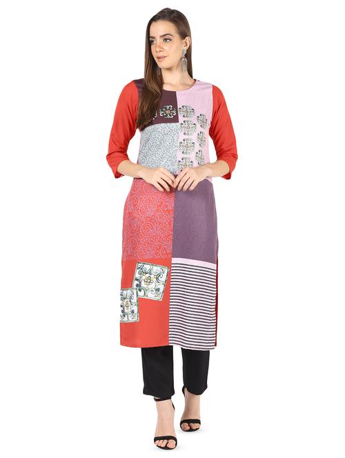 printed color block straight kurta - 16637357 - Standard Image - 1