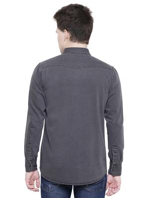 grey solid denim casual shirt - 16641389 - Standard Image - 3