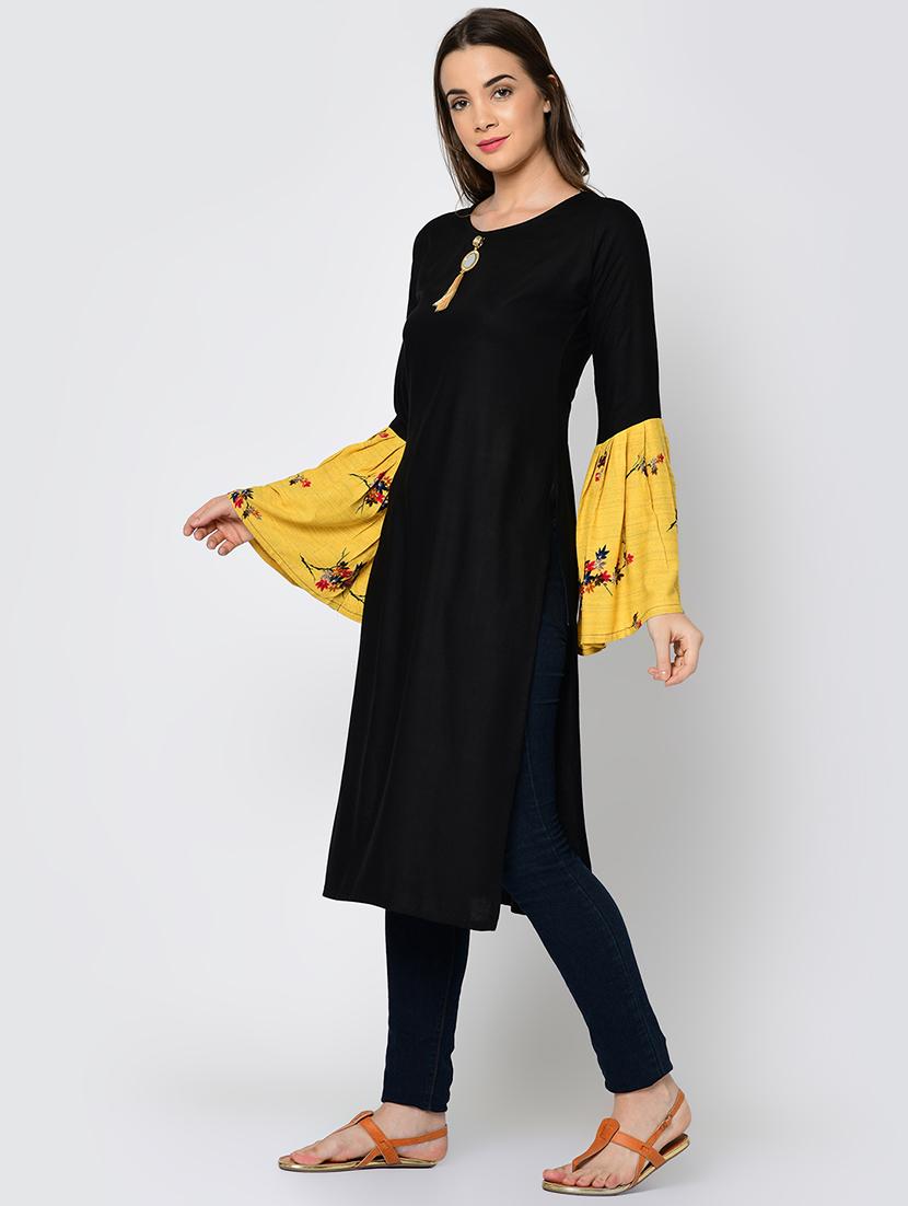 bell sleeve solid contrast kurta - 16641593 - Zoom Image - 3