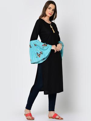 bell sleeve solid contrast kurta - 16641594 - Standard Image - 3