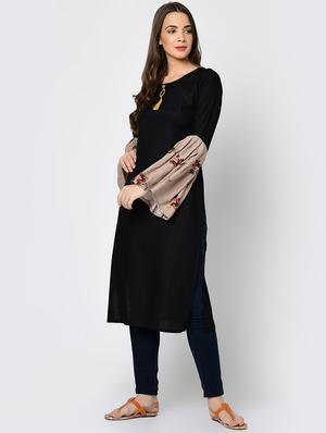 bell sleeve solid contrast kurta - 16641596 - Standard Image - 3